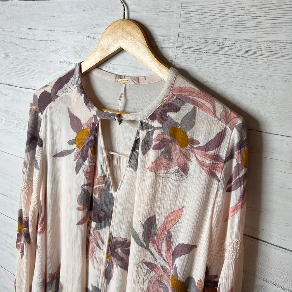Free People Dress Womens Size XS Pink Floral Tree Swing Tunic Puff Sleeves